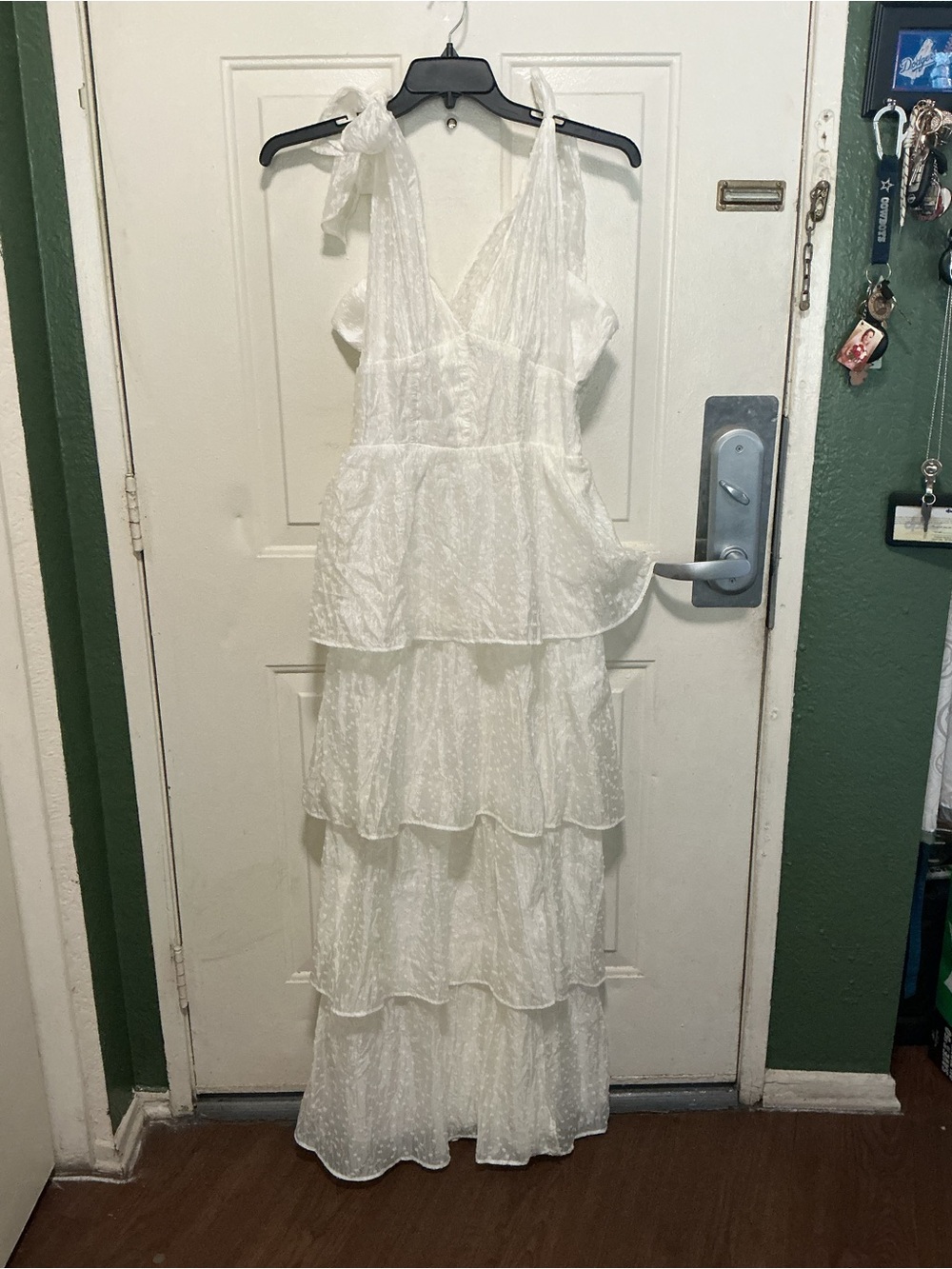 Fashion Nova White Tiered Maxi Dress with Tie Straps